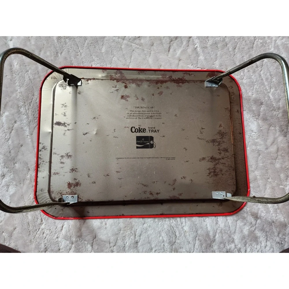 Coca-Cola Metal Serving Lap Tray 1987 Touring Car Vintage Red Soda Collectible